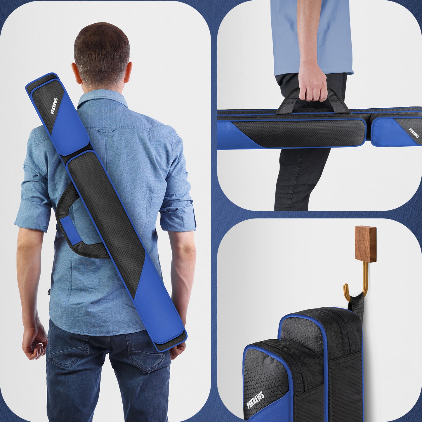 PEKREWS Pool Cue Case, Pool Stick Case 2x2 with 2 Accessories Pockets | Sturdy Pool Cue Carrying Bag, Shoulder Strap and Handle, Soft Billiard Stick Holder, Sling Bag for Men and Women