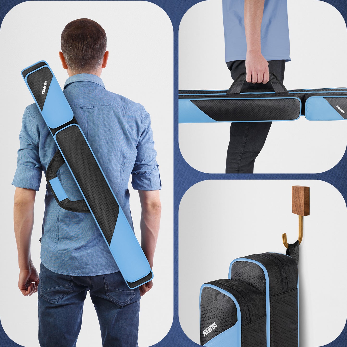 PEKREWS Pool Cue Case, Pool Stick Case 2x2 with 2 Accessories Pockets | Sturdy Pool Cue Carrying Bag, Shoulder Strap and Handle, Soft Billiard Stick Holder, Sling Bag for Men and Women
