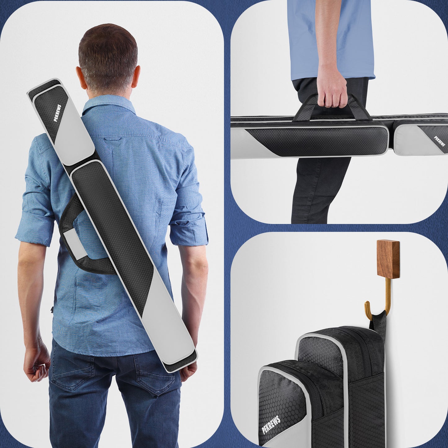 PEKREWS Pool Cue Case, Pool Stick Case 2x2 with 2 Accessories Pockets | Sturdy Pool Cue Carrying Bag, Shoulder Strap and Handle, Soft Billiard Stick Holder, Sling Bag for Men and Women