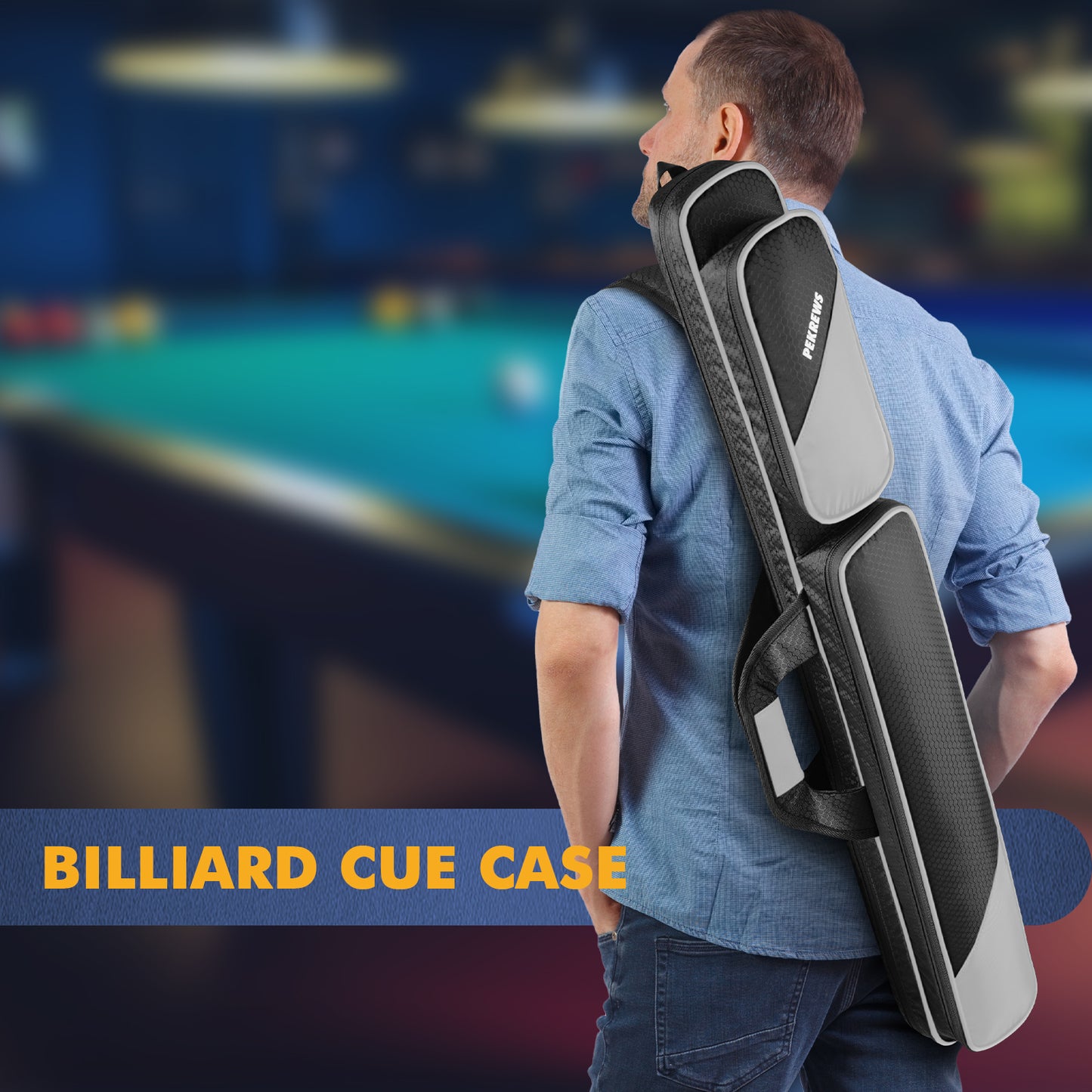 PEKREWS Pool Cue Case, Pool Stick Case 2x2 with 2 Accessories Pockets | Sturdy Pool Cue Carrying Bag, Shoulder Strap and Handle, Soft Billiard Stick Holder, Sling Bag for Men and Women