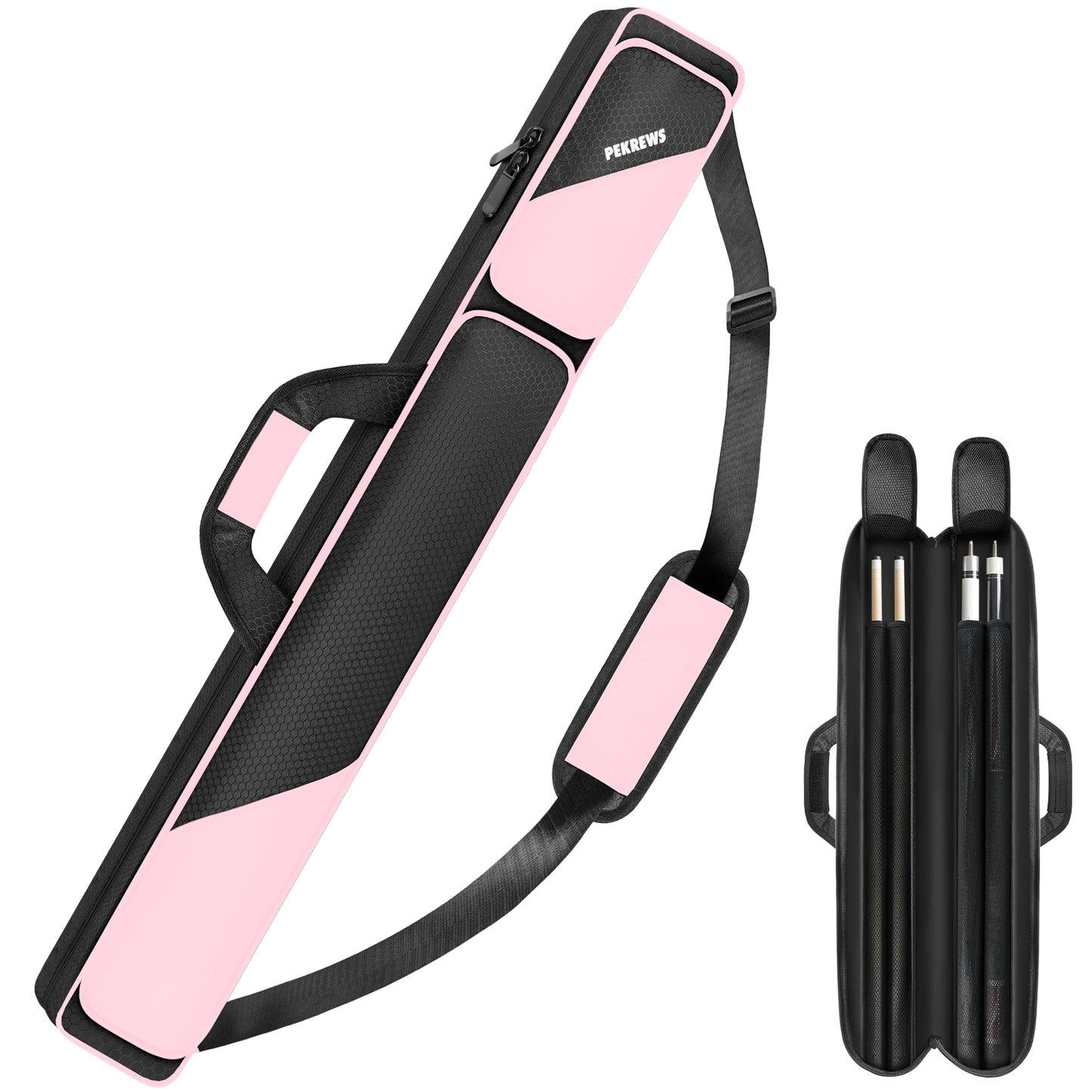 PEKREWS Pool Cue Case, Pool Stick Case 2x2 with 2 Accessories Pockets | Sturdy Pool Cue Carrying Bag, Shoulder Strap and Handle, Soft Billiard Stick Holder, Sling Bag for Men and Women