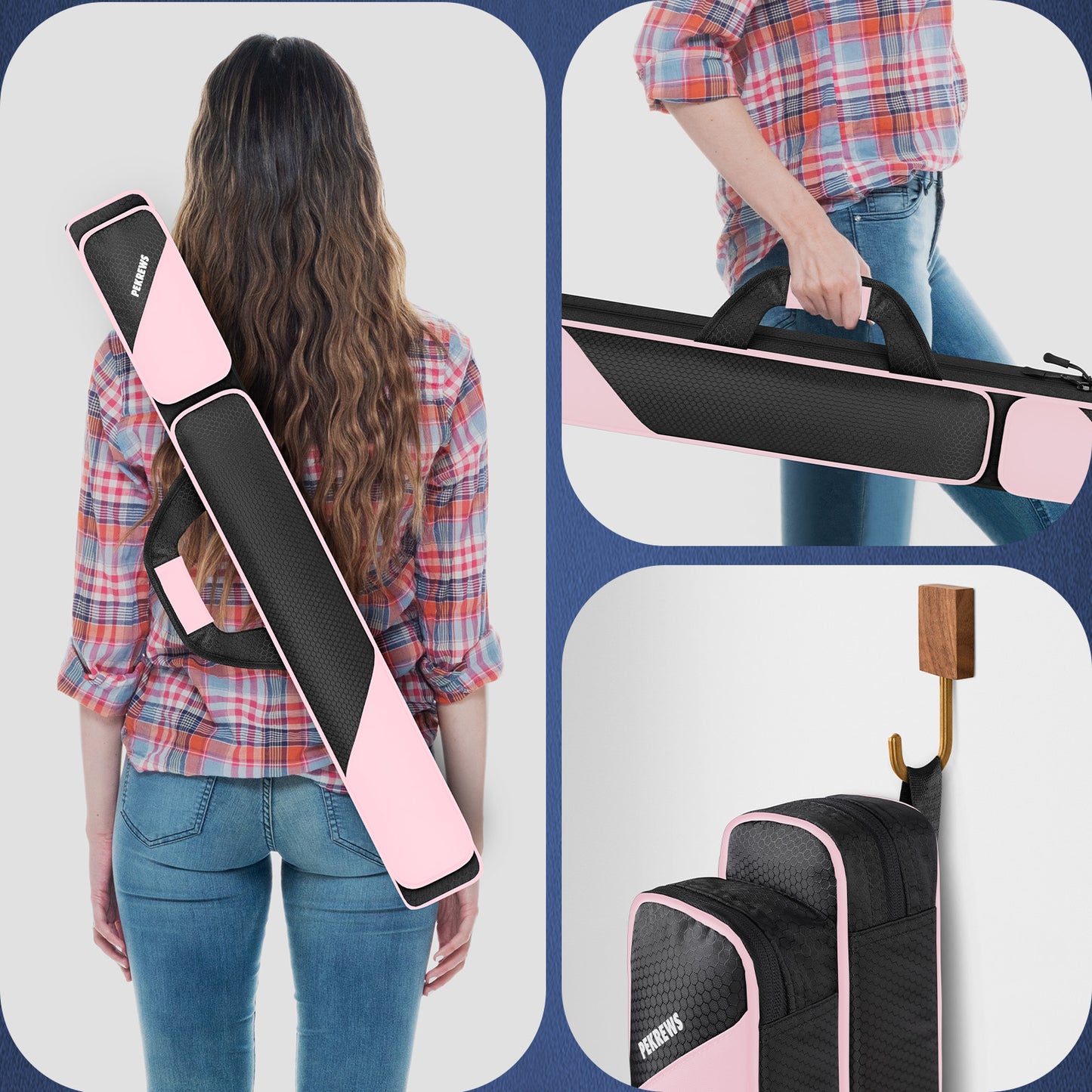 PEKREWS Pool Cue Case, Pool Stick Case 2x2 with 2 Accessories Pockets | Sturdy Pool Cue Carrying Bag, Shoulder Strap and Handle, Soft Billiard Stick Holder, Sling Bag for Men and Women