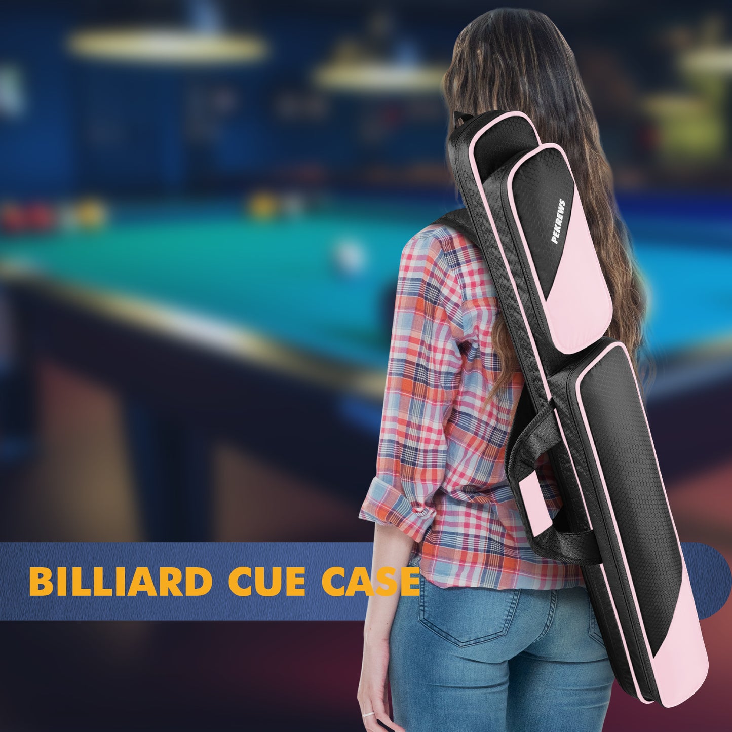 PEKREWS Pool Cue Case, Pool Stick Case 2x2 with 2 Accessories Pockets | Sturdy Pool Cue Carrying Bag, Shoulder Strap and Handle, Soft Billiard Stick Holder, Sling Bag for Men and Women
