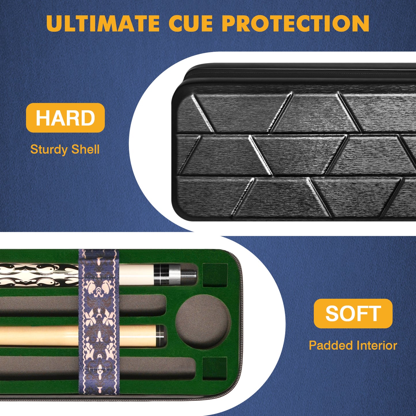 Pool Cue Case, 4x4 Hard Shell Pool Stick Case Holds 4 Sticks | Heavy-Duty, 10 Padded Slots Cue Stick Bag, Shoulder Strap and Leather Handle, Travel Billiard Cue Box for Men and Women
