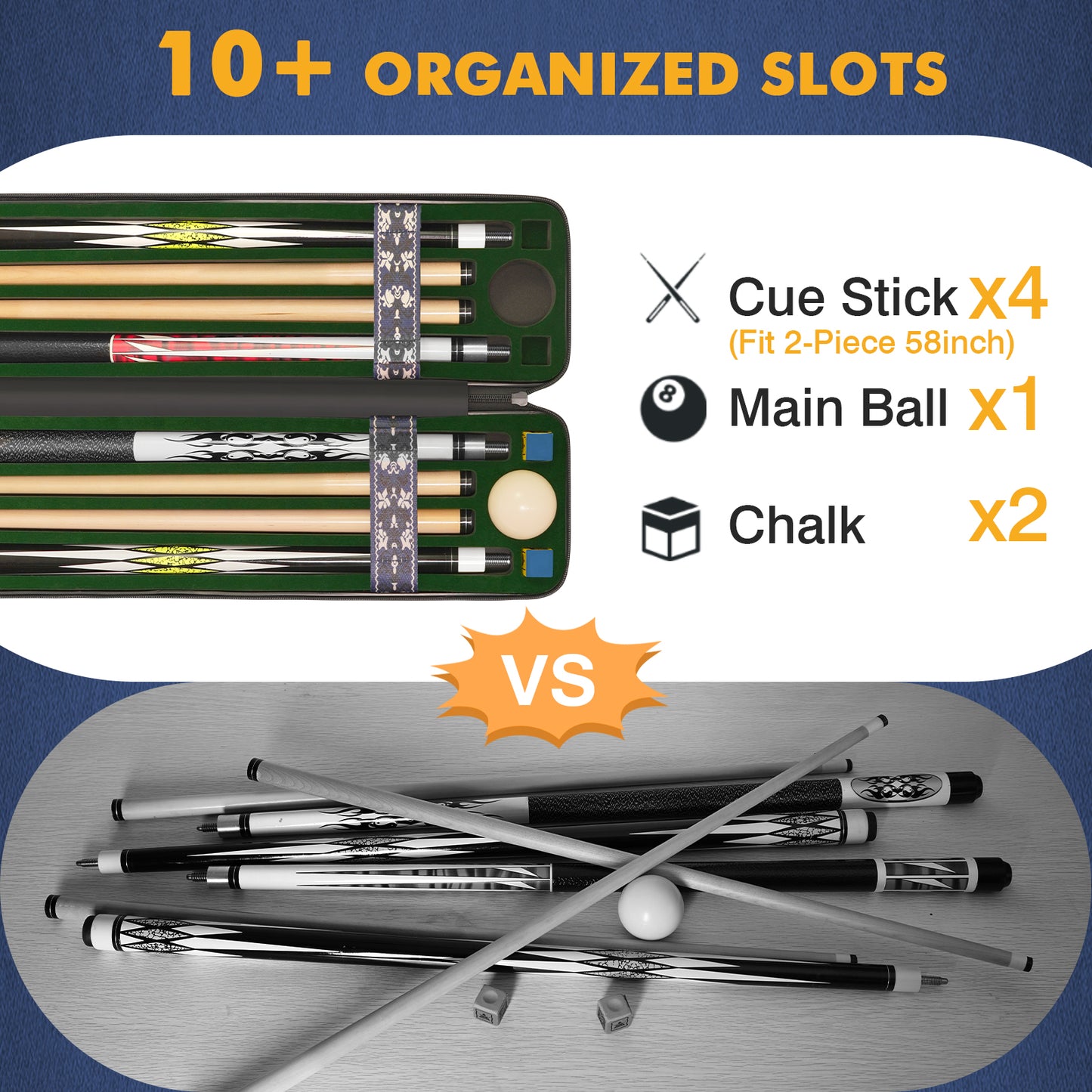 Pool Cue Case, 4x4 Hard Shell Pool Stick Case Holds 4 Sticks | Heavy-Duty, 10 Padded Slots Cue Stick Bag, Shoulder Strap and Leather Handle, Travel Billiard Cue Box for Men and Women