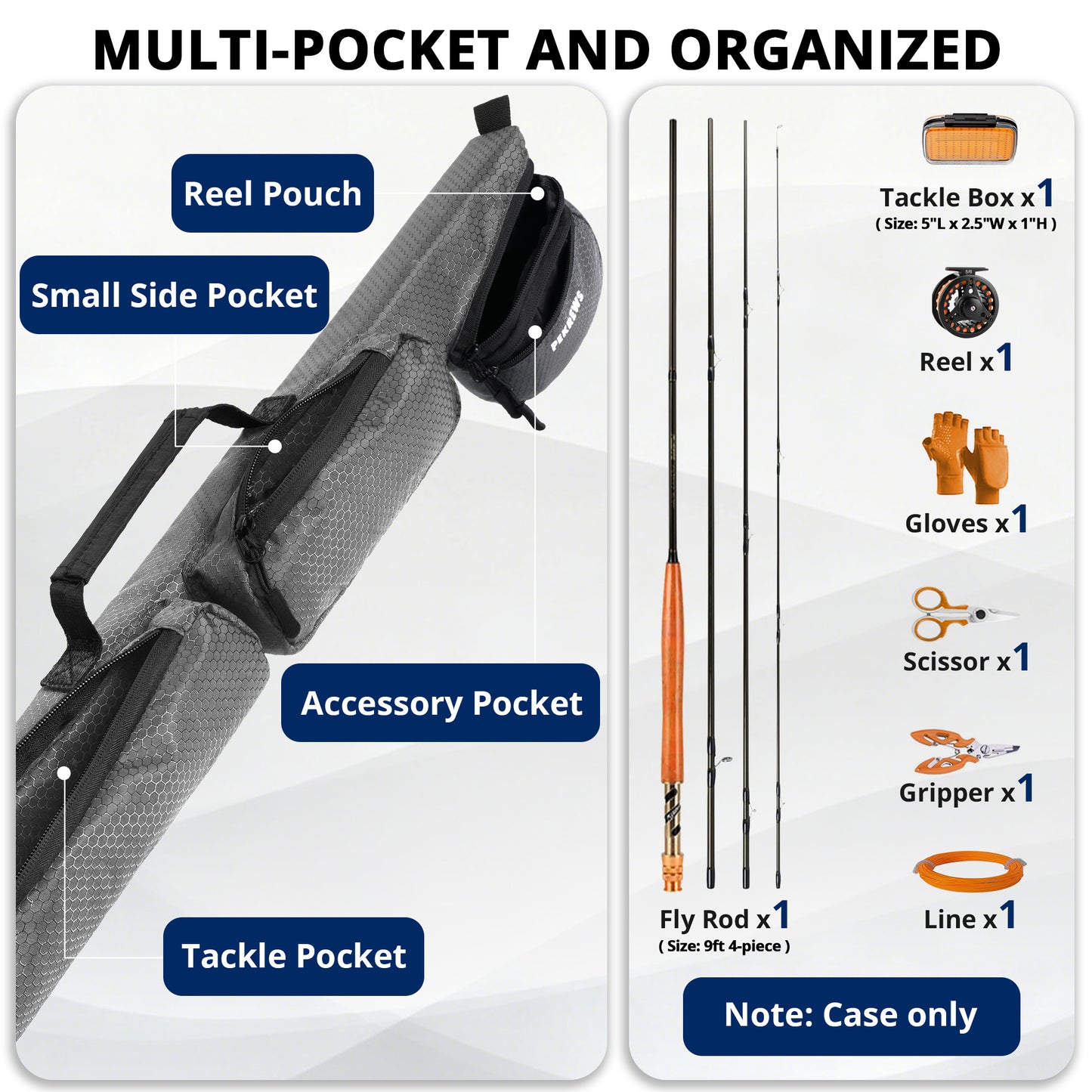 PEKREWS Fly Rod Case, Fit 9ft 4-Piece Fly Fishing Bag for Fly Rod and Reel | Hard Shell Fly Rod Tube, 2 Side Pockets and Padded Reel Pouch, Portable with Shoulder Strap, Fly Travel Case For Angler