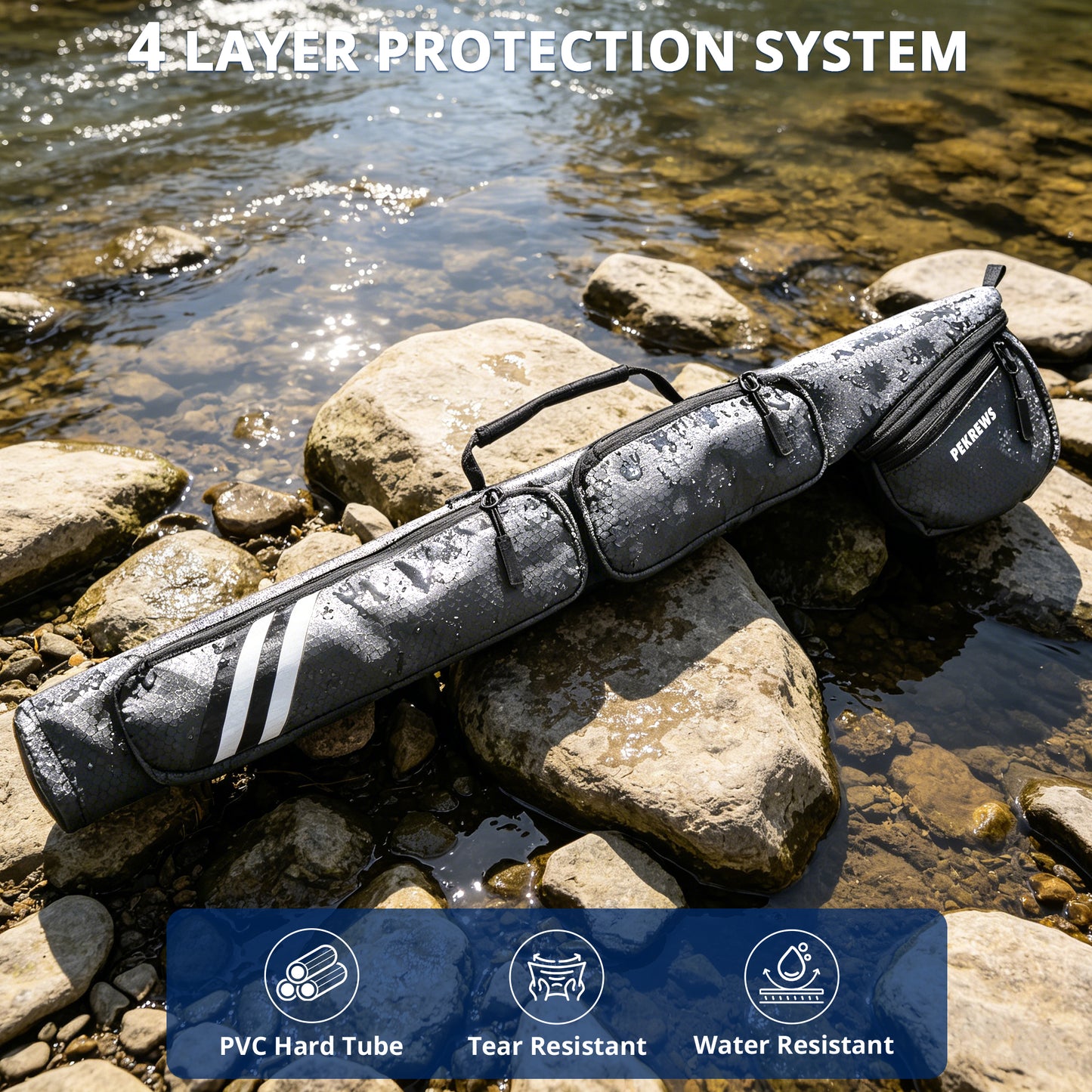 PEKREWS Fly Rod Case, Fit 9ft 4-Piece Fly Fishing Bag for Fly Rod and Reel | Hard Shell Fly Rod Tube, 2 Side Pockets and Padded Reel Pouch, Portable with Shoulder Strap, Fly Travel Case For Angler