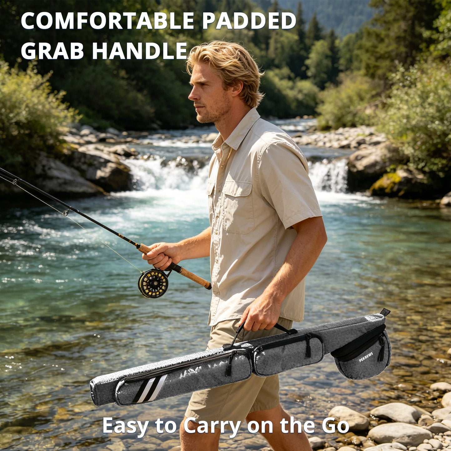 PEKREWS Fly Rod Case, Fit 9ft 4-Piece Fly Fishing Bag for Fly Rod and Reel | Hard Shell Fly Rod Tube, 2 Side Pockets and Padded Reel Pouch, Portable with Shoulder Strap, Fly Travel Case For Angler