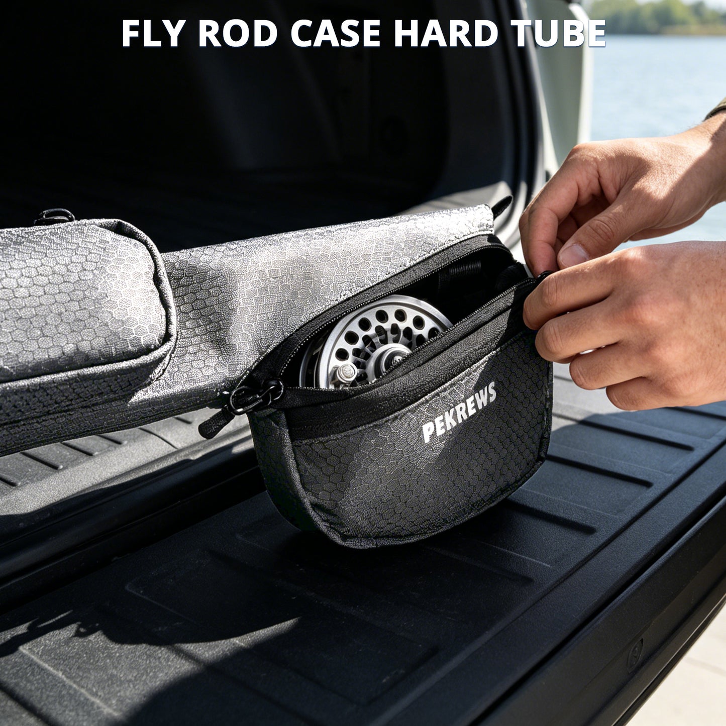 PEKREWS Fly Rod Case, Fit 9ft 4-Piece Fly Fishing Bag for Fly Rod and Reel | Hard Shell Fly Rod Tube, 2 Side Pockets and Padded Reel Pouch, Portable with Shoulder Strap, Fly Travel Case For Angler
