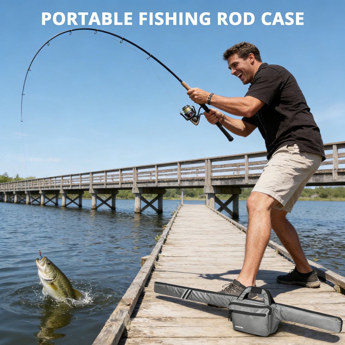 PEKREWS Fishing Rod Case, 52inch Fishing Pole Bag with Tackle Pockets | Fits Break-Down Spinning Rod Reel Combo, Padded Soft Rod Bag with Shoulder Strap and Handle, Pole Travel Case For Angler