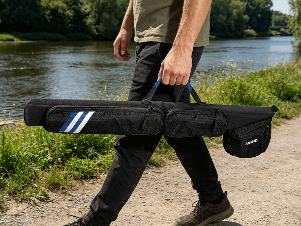 PEKREWS Fly Rod Case, Fit 9ft 4-Piece Fly Fishing Bag for Fly Rod and Reel | Hard Shell Fly Rod Tube, 2 Side Pockets and Padded Reel Pouch, Portable with Shoulder Strap, Fly Travel Case For Angler