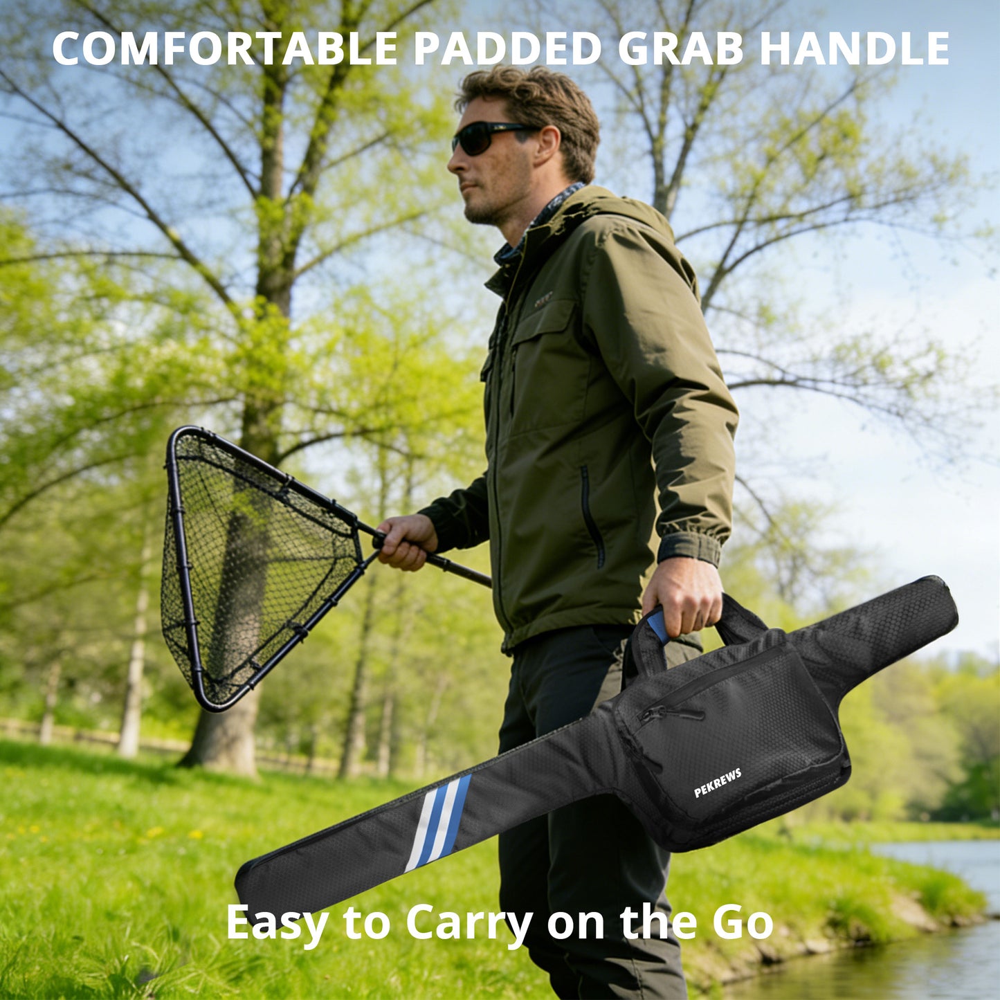 Fishing Rod Case, 52inch Fishing Pole Bag with Tackle Pockets | Fits Break-Down Spinning Rod Reel Combo, Padded Soft Rod Bag with Shoulder Strap and Handle, Pole Travel Case For Angler