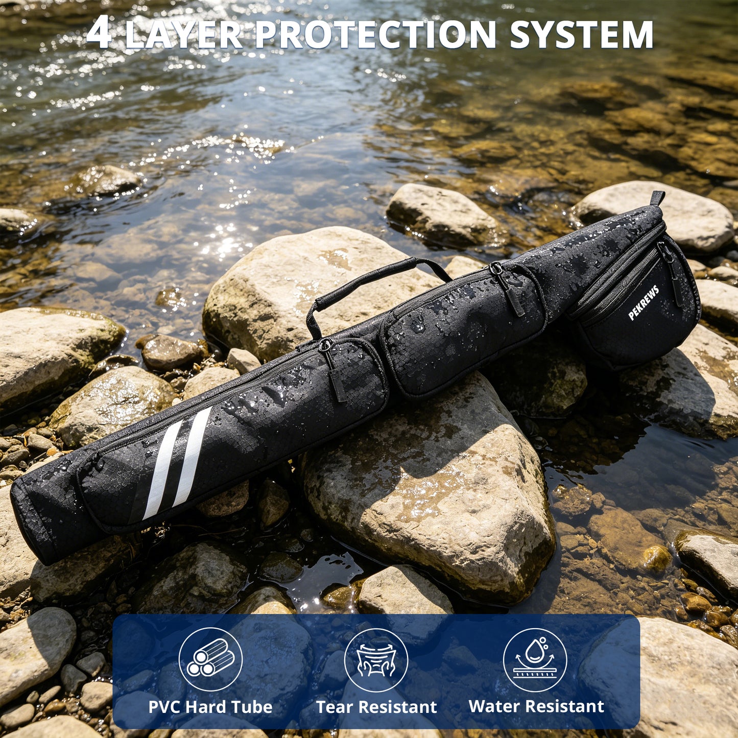 PEKREWS Fly Rod Case, Fit 9ft 4-Piece Fly Fishing Bag for Fly Rod and Reel | Hard Shell Fly Rod Tube, 2 Side Pockets and Padded Reel Pouch, Portable with Shoulder Strap, Fly Travel Case For Angler