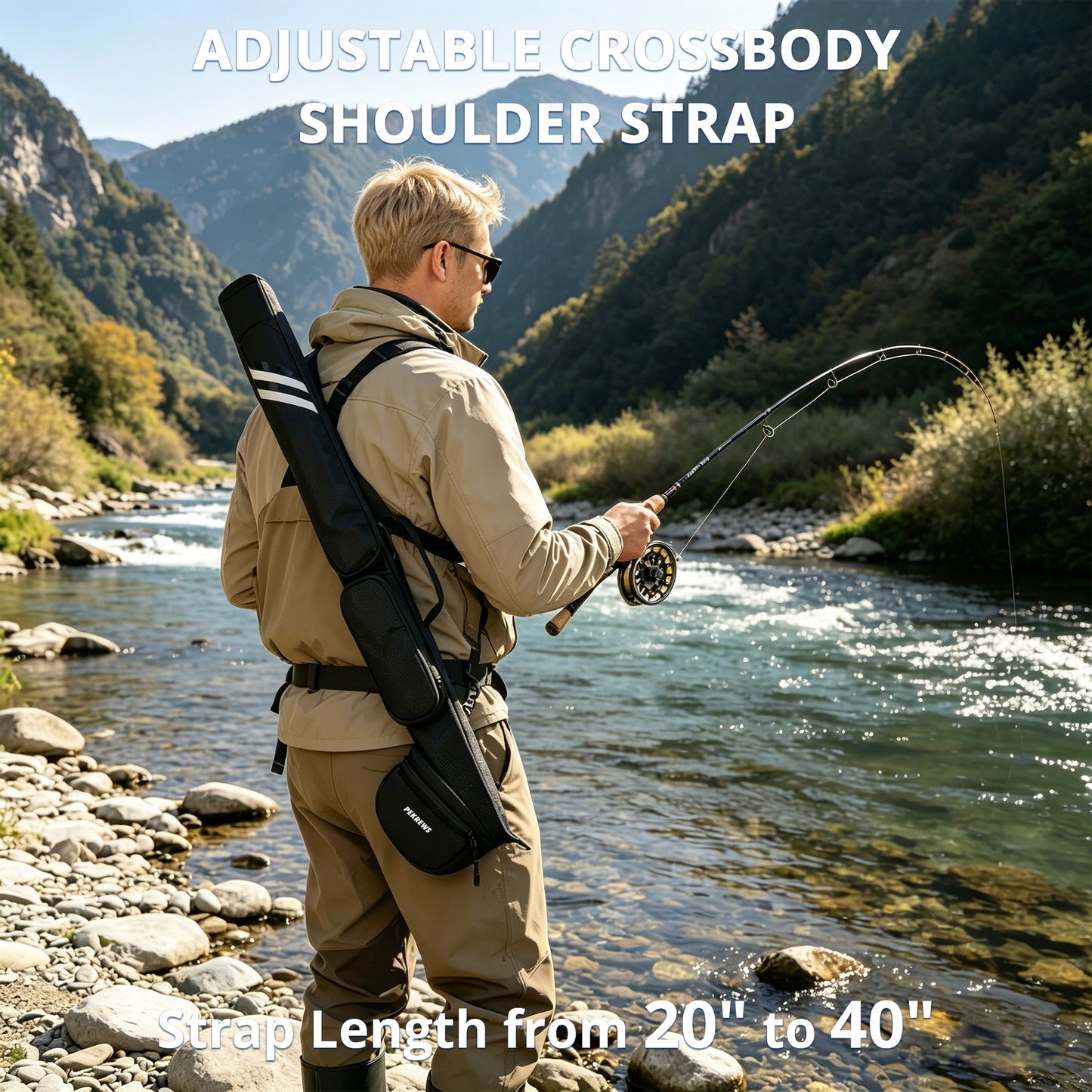 PEKREWS Fly Rod Case, Fit 9ft 4-Piece Fly Fishing Bag for Fly Rod and Reel | Hard Shell Fly Rod Tube, 2 Side Pockets and Padded Reel Pouch, Portable with Shoulder Strap, Fly Travel Case For Angler