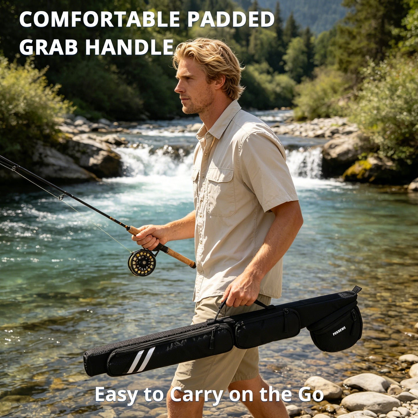 PEKREWS Fly Rod Case, Fit 9ft 4-Piece Fly Fishing Bag for Fly Rod and Reel | Hard Shell Fly Rod Tube, 2 Side Pockets and Padded Reel Pouch, Portable with Shoulder Strap, Fly Travel Case For Angler