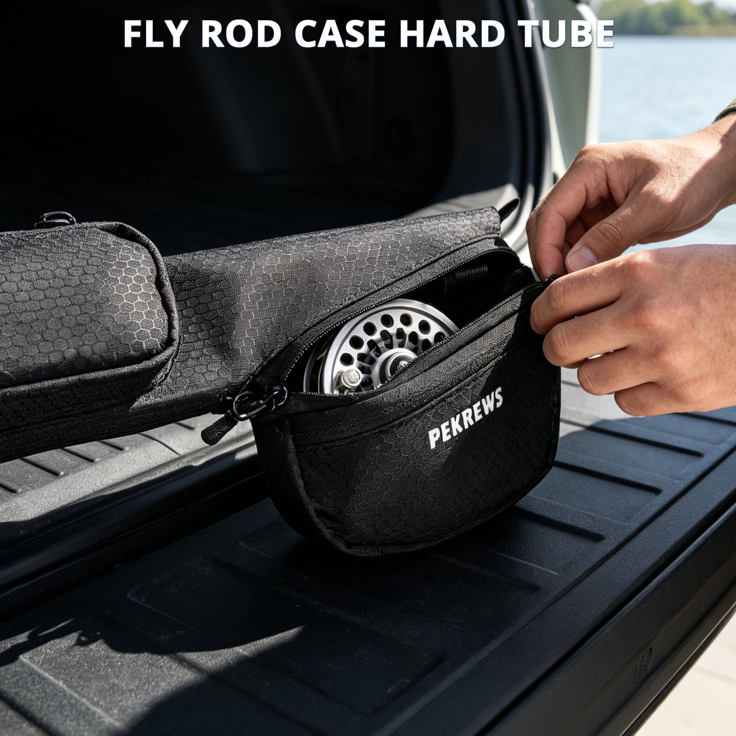 PEKREWS Fly Rod Case, Fit 9ft 4-Piece Fly Fishing Bag for Fly Rod and Reel | Hard Shell Fly Rod Tube, 2 Side Pockets and Padded Reel Pouch, Portable with Shoulder Strap, Fly Travel Case For Angler