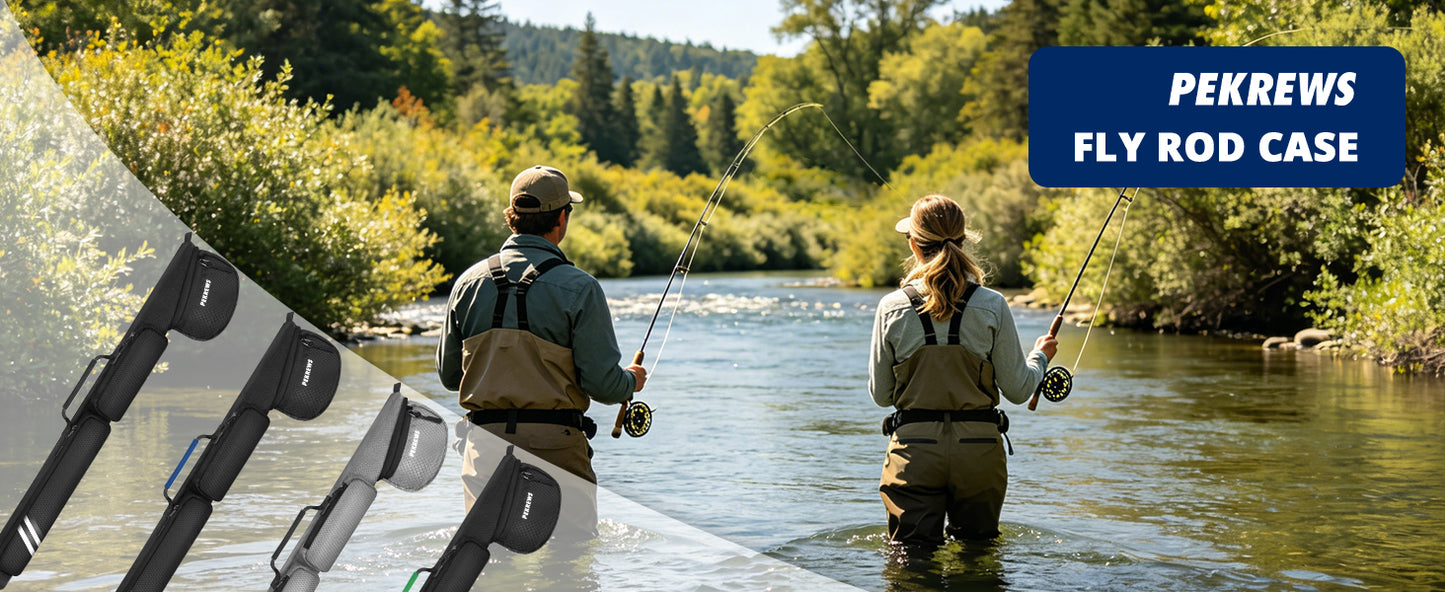 PEKREWS Fly Rod Case, Fit 9ft 4-Piece Fly Fishing Bag for Fly Rod and Reel | Hard Shell Fly Rod Tube, 2 Side Pockets and Padded Reel Pouch, Portable with Shoulder Strap, Fly Travel Case For Angler