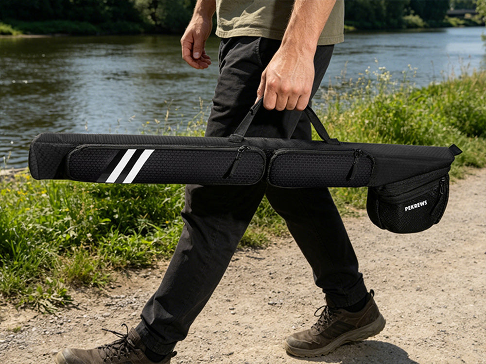 PEKREWS Fly Rod Case, Fit 9ft 4-Piece Fly Fishing Bag for Fly Rod and Reel | Hard Shell Fly Rod Tube, 2 Side Pockets and Padded Reel Pouch, Portable with Shoulder Strap, Fly Travel Case For Angler
