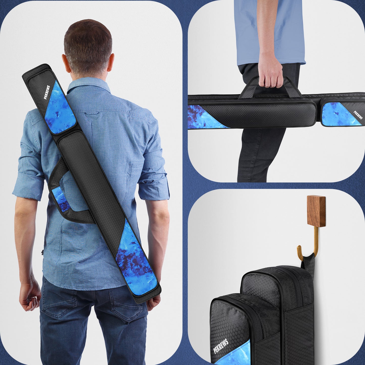 PEKREWS Pool Cue Case, Pool Stick Case 2x2 with 2 Accessories Pockets | Sturdy Pool Cue Carrying Bag, Shoulder Strap and Handle, Soft Billiard Stick Holder, Sling Bag for Men and Women