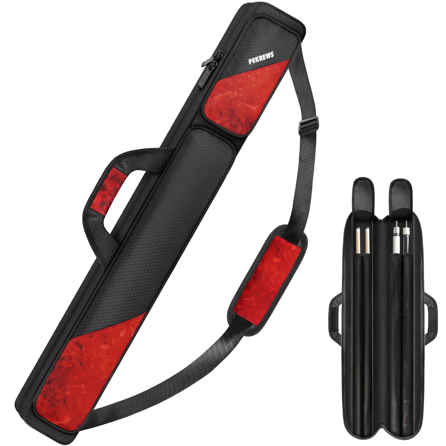 PEKREWS Pool Cue Case, Pool Stick Case 2x2 with 2 Accessories Pockets | Sturdy Pool Cue Carrying Bag, Shoulder Strap and Handle, Soft Billiard Stick Holder, Sling Bag for Men and Women