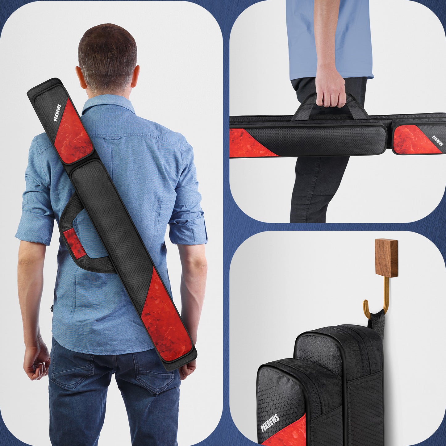 PEKREWS Pool Cue Case, Pool Stick Case 2x2 with 2 Accessories Pockets | Sturdy Pool Cue Carrying Bag, Shoulder Strap and Handle, Soft Billiard Stick Holder, Sling Bag for Men and Women