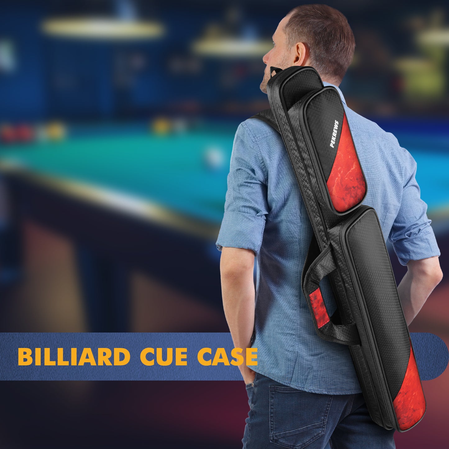 PEKREWS Pool Cue Case, Pool Stick Case 2x2 with 2 Accessories Pockets | Sturdy Pool Cue Carrying Bag, Shoulder Strap and Handle, Soft Billiard Stick Holder, Sling Bag for Men and Women