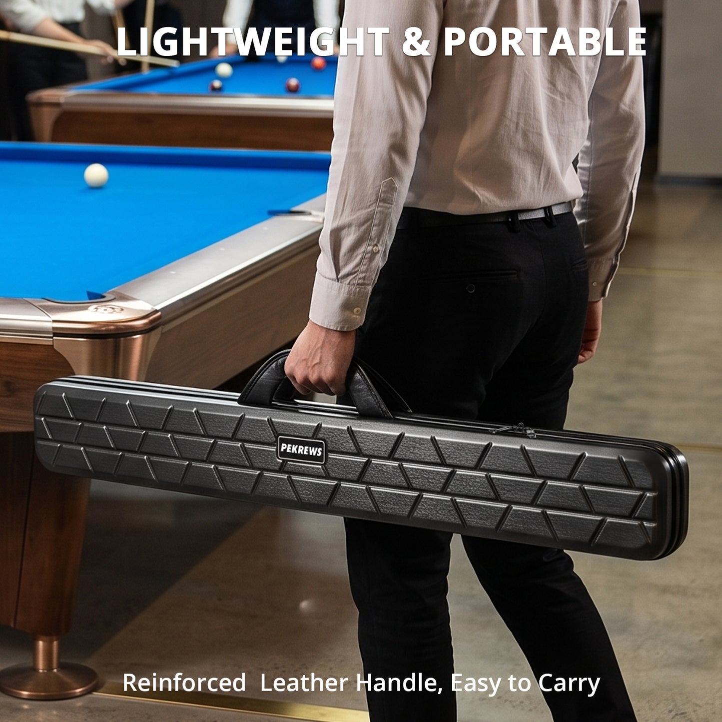 PEKREWS Pool Cue Case, 2x2 Hard Shell Pool Stick Case Holds 2 Sticks | Heavy-Duty, 4 Padded Slots Cue Stick Bag, Shoulder Strap and Leather Handle, Sturdy Travel Billiard Cue Box for Men and Women