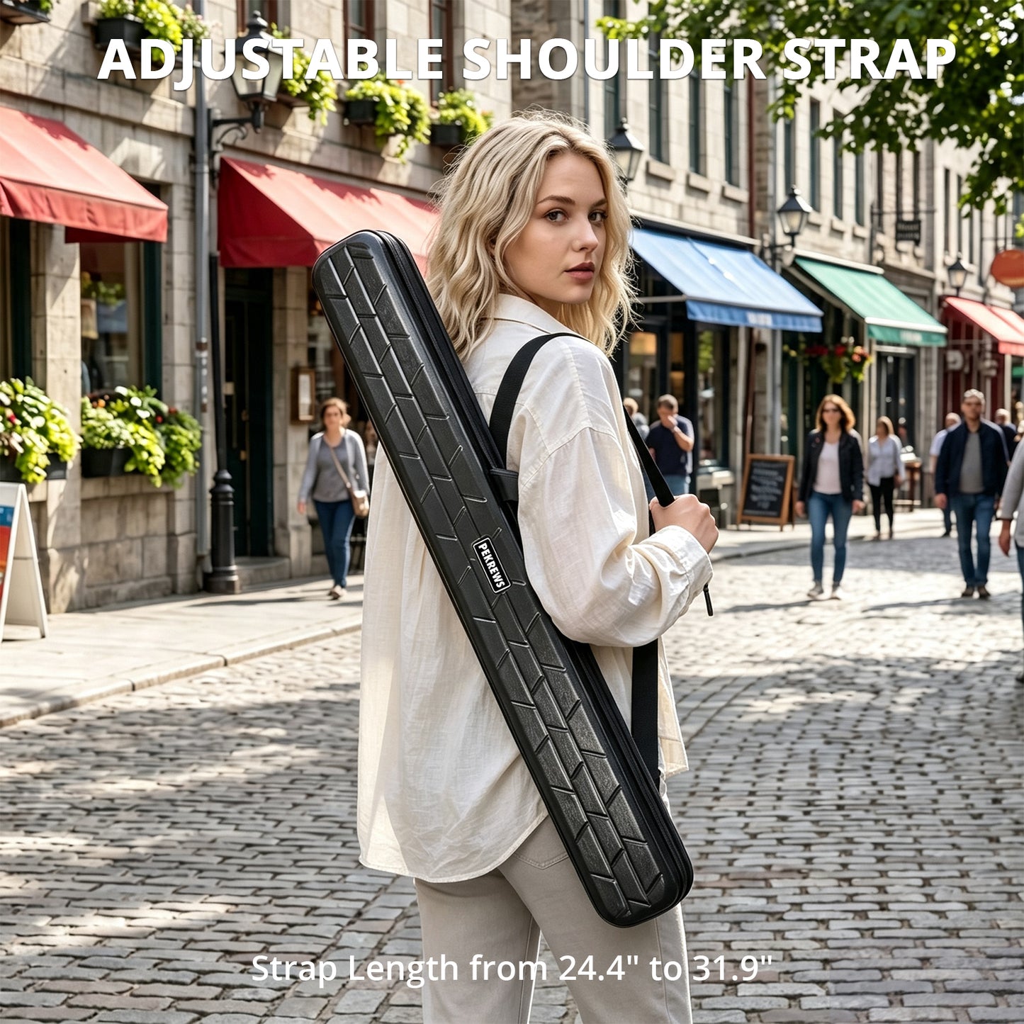 PEKREWS Pool Cue Case, 2x2 Hard Shell Pool Stick Case Holds 2 Sticks | Heavy-Duty, 4 Padded Slots Cue Stick Bag, Shoulder Strap and Leather Handle, Sturdy Travel Billiard Cue Box for Men and Women