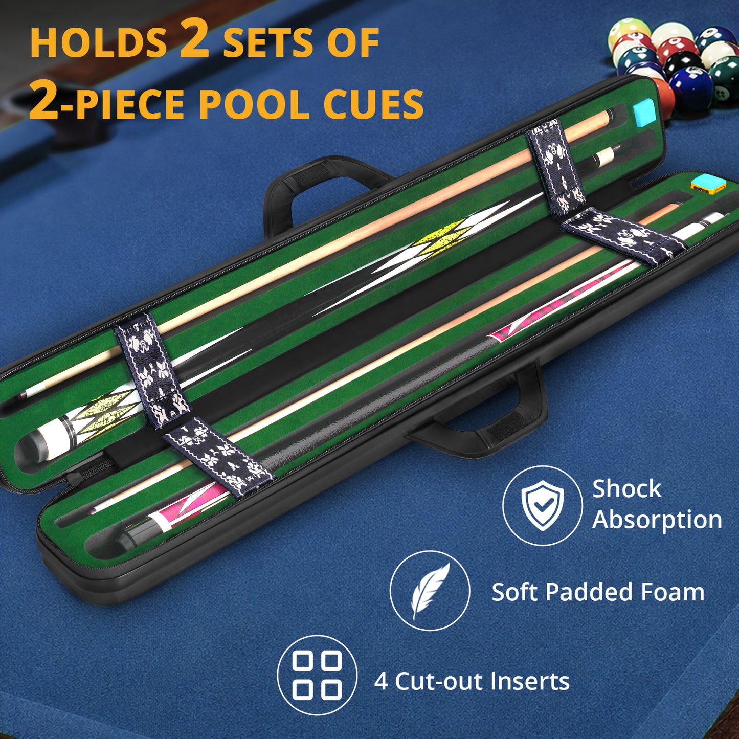 PEKREWS Pool Cue Case, 2x2 Hard Shell Pool Stick Case Holds 2 Sticks | Heavy-Duty, 4 Padded Slots Cue Stick Bag, Shoulder Strap and Leather Handle, Sturdy Travel Billiard Cue Box for Men and Women