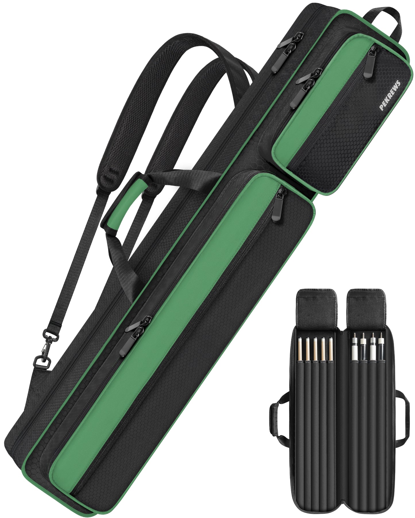 PEKREWS Pool Cue Case, 4x5 Pool Stick Bag with Multiple Accessory Pockets | Fit Multi-Sticks Soft Cue Stick Case, Hidden Shoulder Strap, 2 Handle, Travel Billiard Cue Backpack Holder, for Men and Women