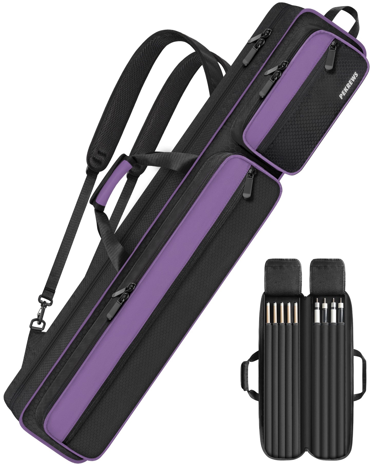 PEKREWS Pool Cue Case, 4x5 Pool Stick Bag with Multiple Accessory Pockets | Fit Multi-Sticks Soft Cue Stick Case, Hidden Shoulder Strap, 2 Handle, Travel Billiard Cue Backpack Holder, for Men and Women