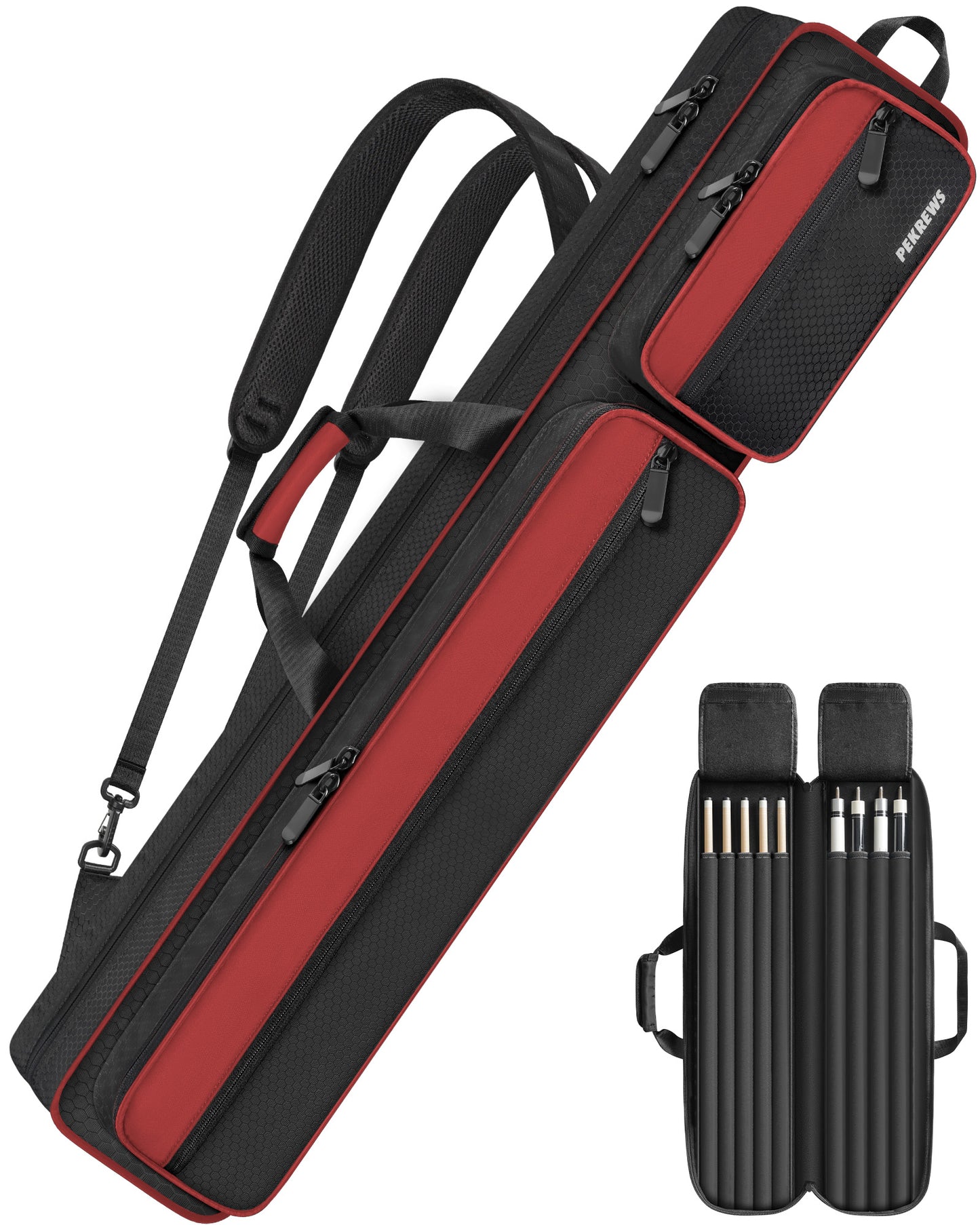 PEKREWS Pool Cue Case, 4x5 Pool Stick Bag with Multiple Accessory Pockets | Fit Multi-Sticks Soft Cue Stick Case, Hidden Shoulder Strap, 2 Handle, Travel Billiard Cue Backpack Holder, for Men and Women