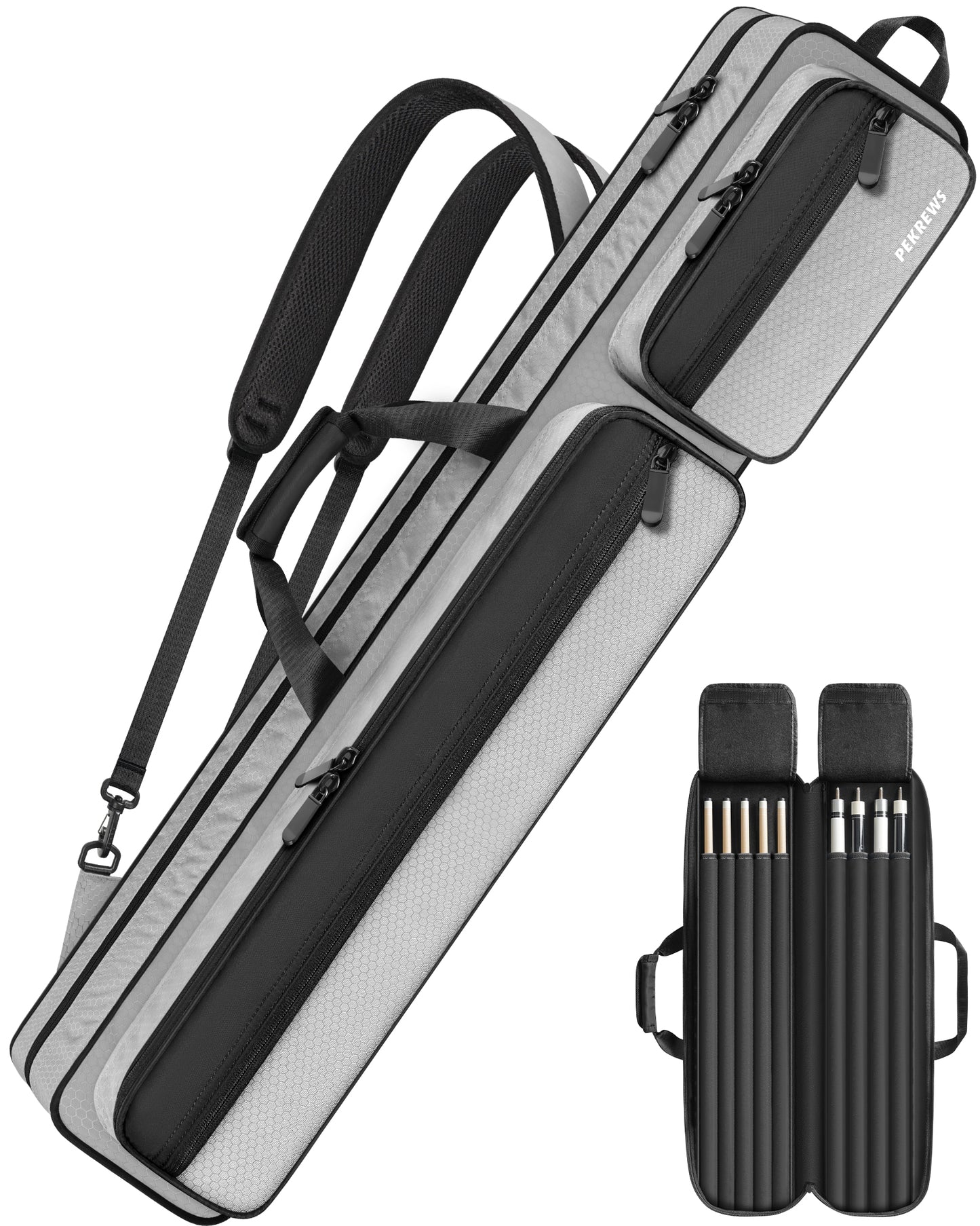 PEKREWS Pool Cue Case, 4x5 Pool Stick Bag with Multiple Accessory Pockets | Fit Multi-Sticks Soft Cue Stick Case, Hidden Shoulder Strap, 2 Handle, Travel Billiard Cue Backpack Holder, for Men and Women