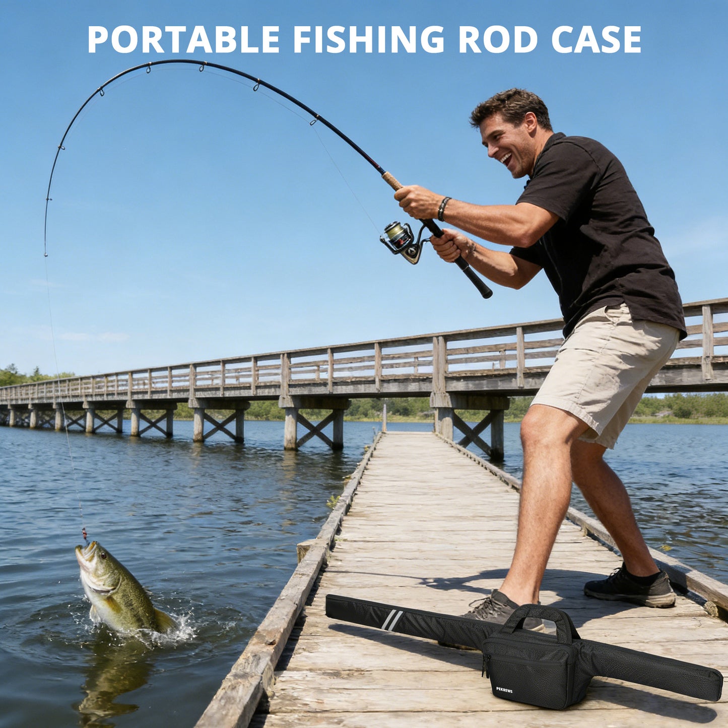 Fishing Rod Case, 52inch Fishing Pole Bag with Tackle Pockets | Fits Break-Down Spinning Rod Reel Combo, Padded Soft Rod Bag with Shoulder Strap and Handle, Pole Travel Case For Angler