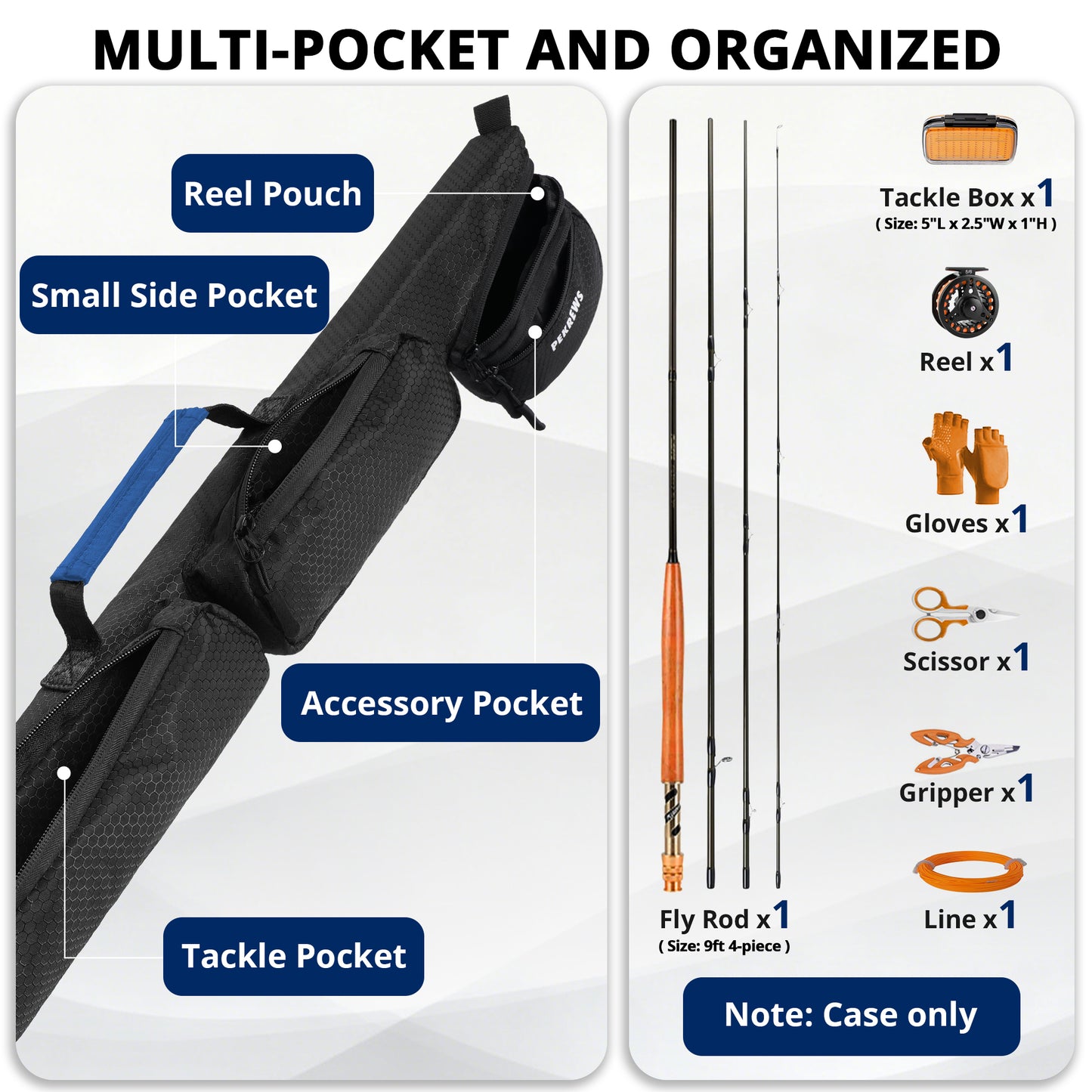 PEKREWS Fly Rod Case, Fit 9ft 4-Piece Fly Fishing Bag for Fly Rod and Reel | Hard Shell Fly Rod Tube, 2 Side Pockets and Padded Reel Pouch, Portable with Shoulder Strap, Fly Travel Case For Angler