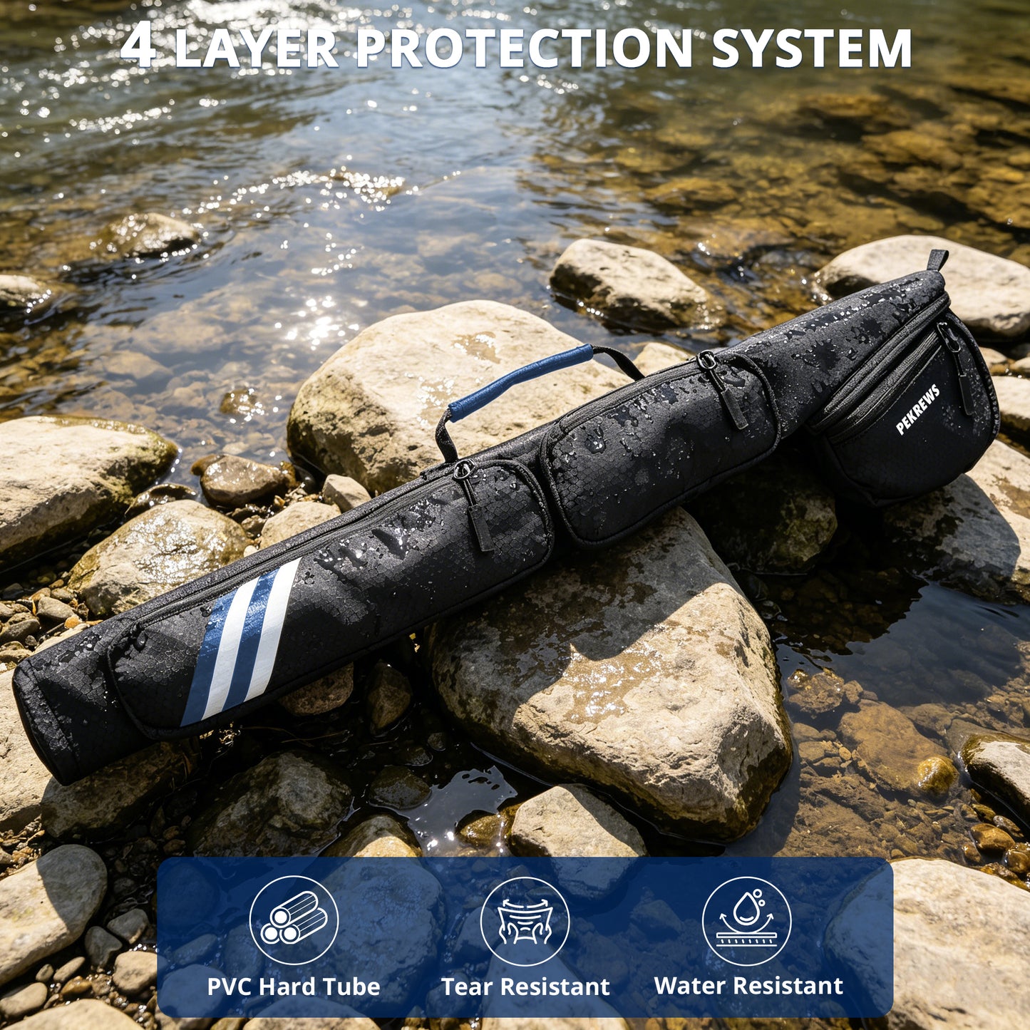 PEKREWS Fly Rod Case, Fit 9ft 4-Piece Fly Fishing Bag for Fly Rod and Reel | Hard Shell Fly Rod Tube, 2 Side Pockets and Padded Reel Pouch, Portable with Shoulder Strap, Fly Travel Case For Angler