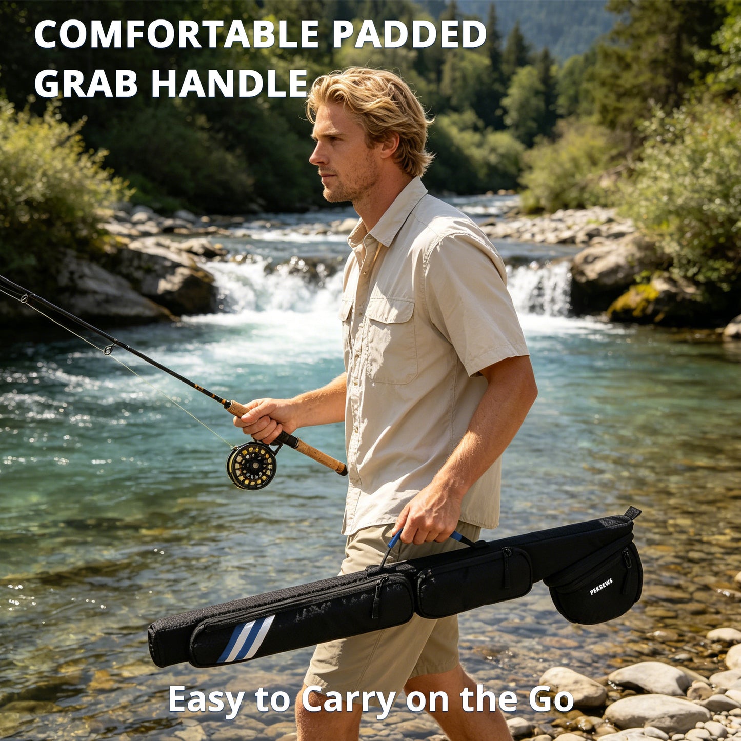 PEKREWS Fly Rod Case, Fit 9ft 4-Piece Fly Fishing Bag for Fly Rod and Reel | Hard Shell Fly Rod Tube, 2 Side Pockets and Padded Reel Pouch, Portable with Shoulder Strap, Fly Travel Case For Angler
